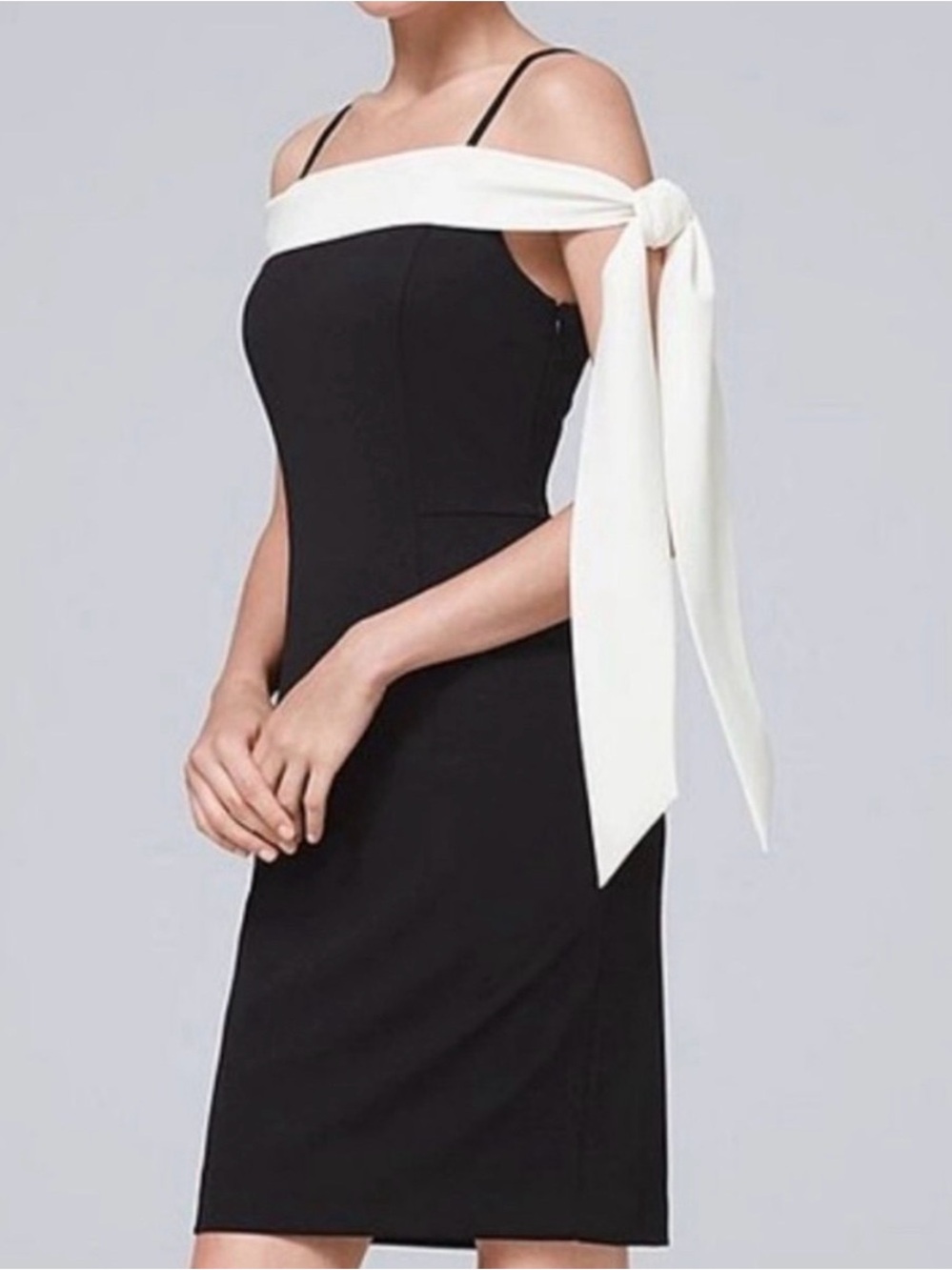 White House Black Market Black One-Shoulder Sheath Dress with White Bow Tie